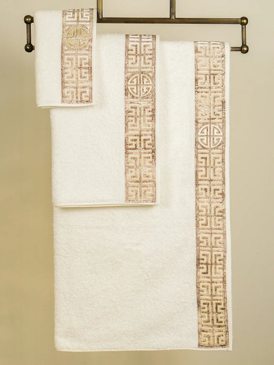 Hera Towel Set - Creative Home Designs, Luxury Soft Turkish Bathing Towels, Bamboo Bath Towel, Hand Towel & Washcloth, Cream & Gold Towels, TS-CH-HERA-EcGo