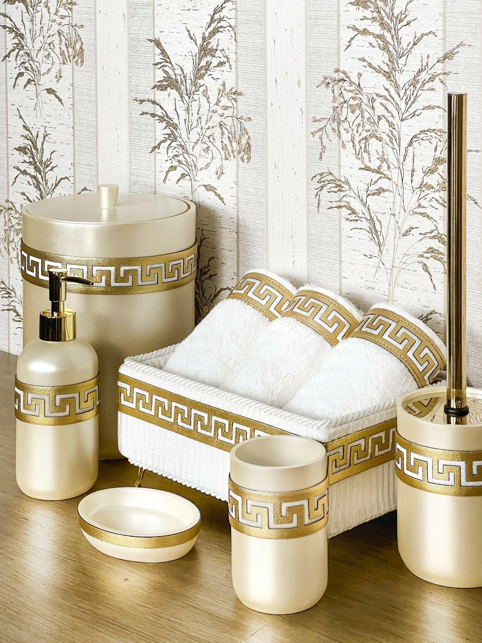 Anka Greek Key Cream & Gold Bathroom Accessory Set, Luxury Bath Decor