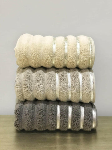 Bera Soft & Luxury Towel Set, Leather Striped Decorative Gold Grey & Dark Gray Colored Bathroom Towels by Creative Home,TS-CSTP-BERA-3F,TS-CSTP-BERA-3B,TS-CSTP-BERA-3F3B