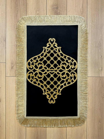 Mihrace Rug Oriental Chic Black & Gold Color Rug - Creative Home Designs Rugs, Oriental Style Turkish Carpet, Rectangular Mat With Diamonds & Tassels