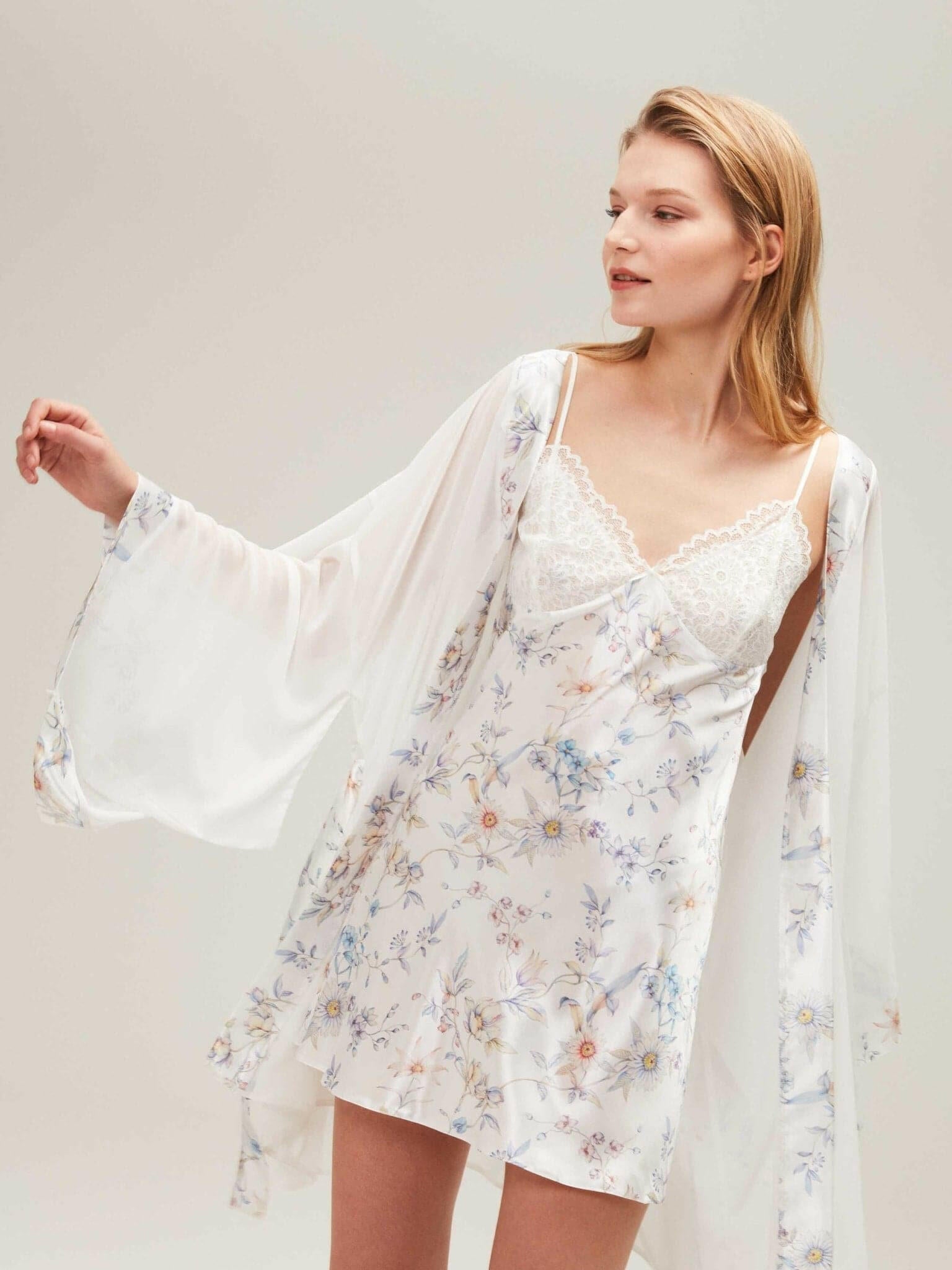 Sara Floral Silk Satin White Pajamas & Dressing Gown Set Kimono Robe