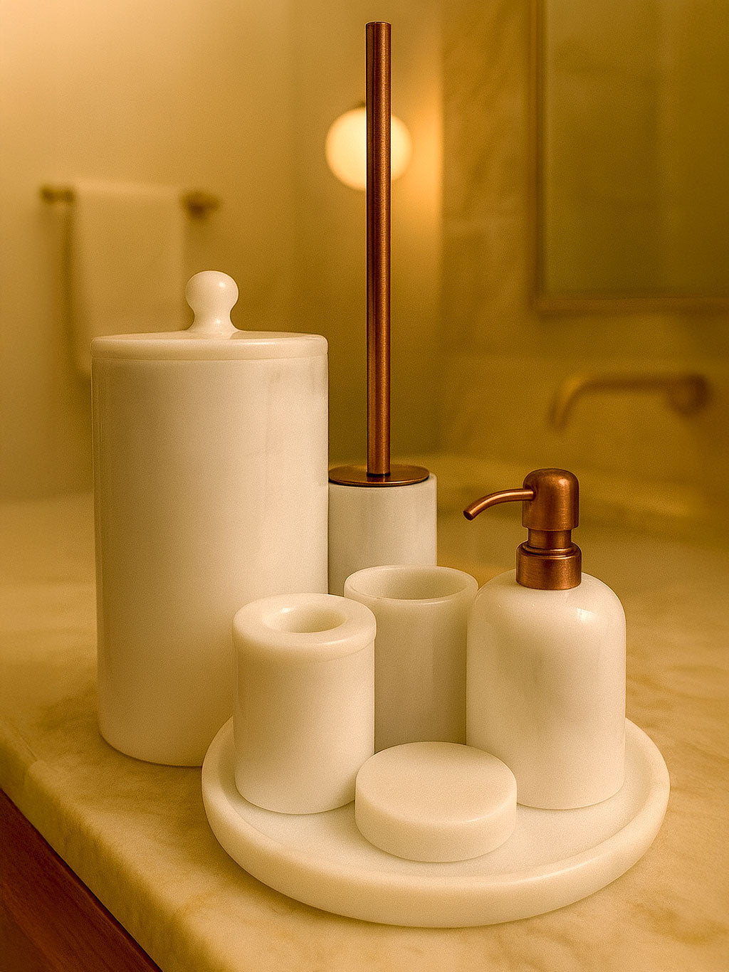 Luxury pearl white Afyon marble bathroom accessory set with copper accents displayed on a black marble countertop, featuring lotion dispenser, cotton box, toothbrush holder, soap dish, tray, waste basket, and toilet brush — handcrafted Turkish marble décor by Creative Home Designs,BAS-KRYKK-AFYON-PEARLCop-S7,BAS-KRYKK-AFYON-PEARLCop-S5