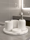 Luxury pearl white Afyon marble bathroom accessory set with silver accents displayed on a black marble countertop, featuring lotion dispenser, cotton box, toothbrush holder, soap dish, tray, waste basket, and toilet brush — handcrafted Turkish marble décor by Creative Home Designs,BAS-KRYKK-AFYON-PEARLSil-S5,BAS-KRYKK-AFYON-PEARLSil-S7