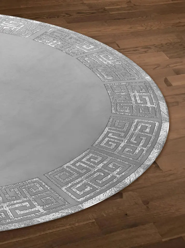Greek Round Rug Texture Anka Round Luxury Rug, Greek Key Pattern Leather Mat, Washable Carpet