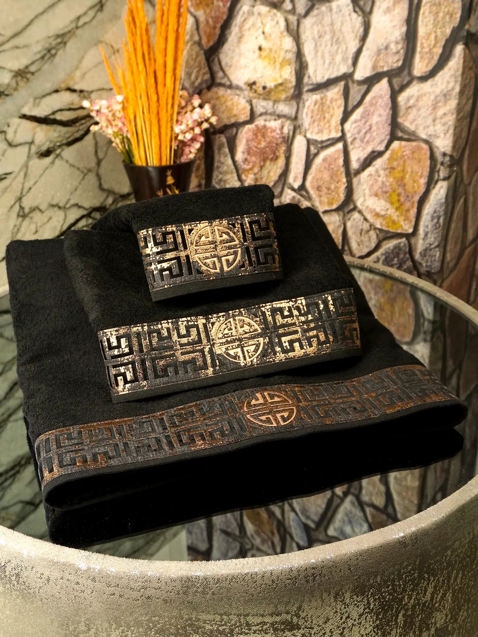 Hera Towel Set - Creative Home Designs, Luxury Soft Turkish Bathing Towels, Bamboo Bath Towel, Hand Towel & Washcloth, Black & Copper Towels, TS-CH-HERA-BlaCop