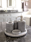 Luxury grey Afyon marble bathroom accessory set with gray accents displayed on a grey marble countertop, featuring lotion dispenser, cotton box, toothbrush holder, soap dish, tray, waste basket, and toilet brush — handcrafted Turkish marble décor by Creative Home Designs,BAS-KRYKK-AFYON-GRESil-S7,BAS-KRYKK-AFYON-GRESil-S5