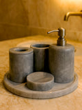 Luxury grey Afyon marble bathroom accessory set with gray accents displayed on a grey marble countertop, featuring lotion dispenser, cotton box, toothbrush holder, soap dish, tray, waste basket, and toilet brush — handcrafted Turkish marble décor by Creative Home Designs,BAS-KRYKK-AFYON-GRESil-S7,BAS-KRYKK-AFYON-GRESil-S5