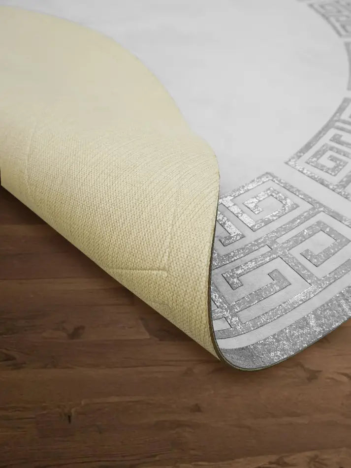 Anka Round Luxury Rug, Greek Key Pattern Leather Mat, Grey & Silver color Washable Carpet,RUGR-CH-ANKALE-GreSi-140