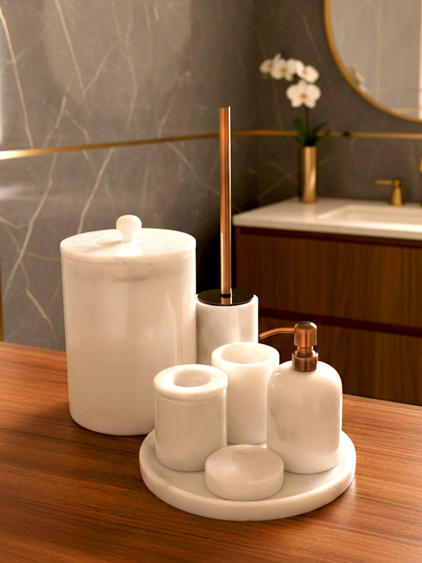 Luxury pearl white Afyon marble bathroom accessory set with copper accents displayed on a black marble countertop, featuring lotion dispenser, cotton box, toothbrush holder, soap dish, tray, waste basket, and toilet brush — handcrafted Turkish marble décor by Creative Home Designs,BAS-KRYKK-AFYON-PEARLCop-S7,BAS-KRYKK-AFYON-PEARLCop-S5
