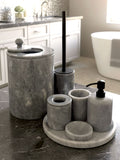 Luxury pearl white Afyon marble bathroom accessory set with gray accents displayed on a grey marble countertop, featuring lotion dispenser, cotton box, toothbrush holder, soap dish, tray, waste basket, and toilet brush — handcrafted Turkish marble décor by Creative Home Designs,BAS-KRYKK-AFYON-GREBla-S7,BAS-KRYKK-AFYON-GREBla-S5