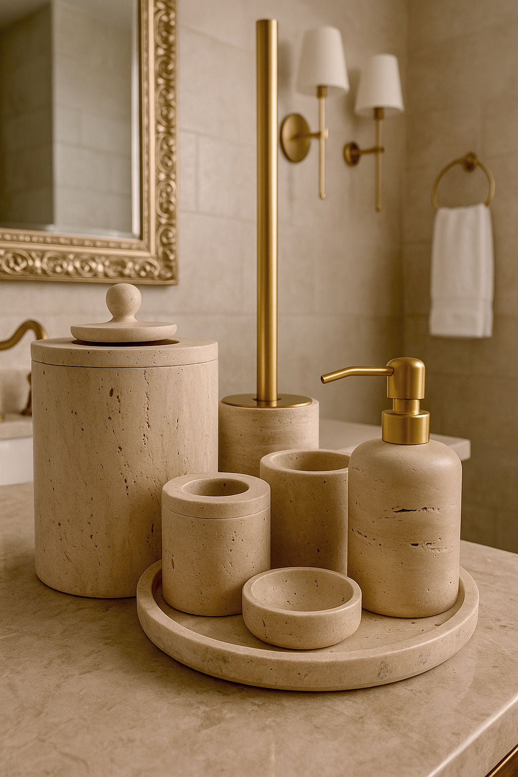 Luxury beige travertine marble bathroom accessory set displayed on a light stone countertop, featuring lotion dispenser, cotton jar, toothbrush holder, soap dish, tray, waste basket, and toilet brush — handcrafted Turkish travertine décor by Creative Home Designs.BAS-KRYKK-TRVTN-Go-S7,BAS-KRYKK-TRVTN-Go-S5