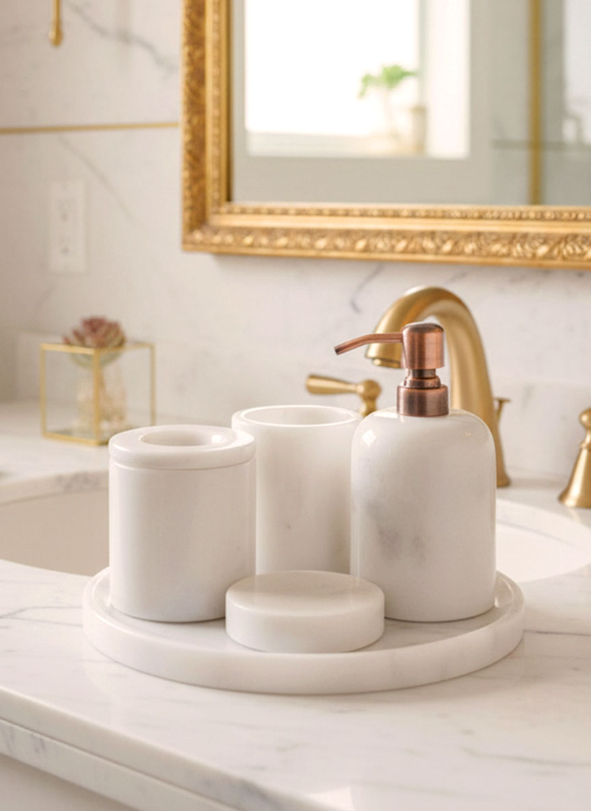 Luxury pearl white Afyon marble bathroom accessory set with copper accents displayed on a black marble countertop, featuring lotion dispenser, cotton box, toothbrush holder, soap dish, tray, waste basket, and toilet brush — handcrafted Turkish marble décor by Creative Home Designs,BAS-KRYKK-AFYON-PEARLCop-S7,BAS-KRYKK-AFYON-PEARLCop-S5