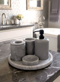 Luxury pearl white Afyon marble bathroom accessory set with gray accents displayed on a grey marble countertop, featuring lotion dispenser, cotton box, toothbrush holder, soap dish, tray, waste basket, and toilet brush — handcrafted Turkish marble décor by Creative Home Designs,BAS-KRYKK-AFYON-GREBla-S7,BAS-KRYKK-AFYON-GREBla-S5