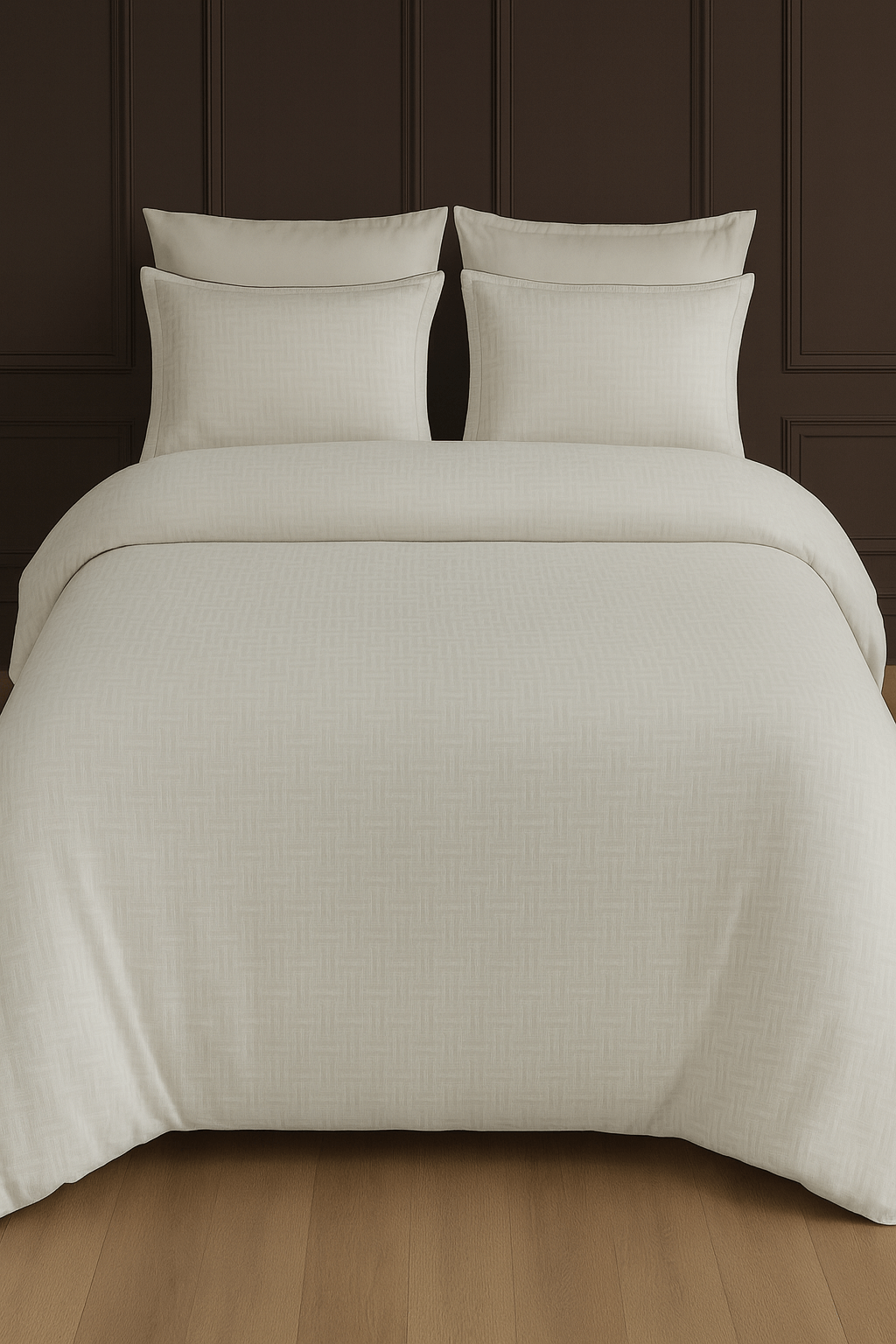 Creative Home Duvet Cover Set - Cream Jacquard Luxury Pattern Bedding set on a bed with a dark wall and small table in the background, DC-FC-RODEL-Cr-Q,DC-FC-RODEL-Cr-K