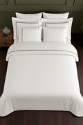 Creative Home by Müge Bilgen - Pierre Duvet Cover - White bedding set on a bed in a bedroom with green walls,DC-FC-PIERRE-Cr-Q,DC-FC-PIERRE-Cr-K