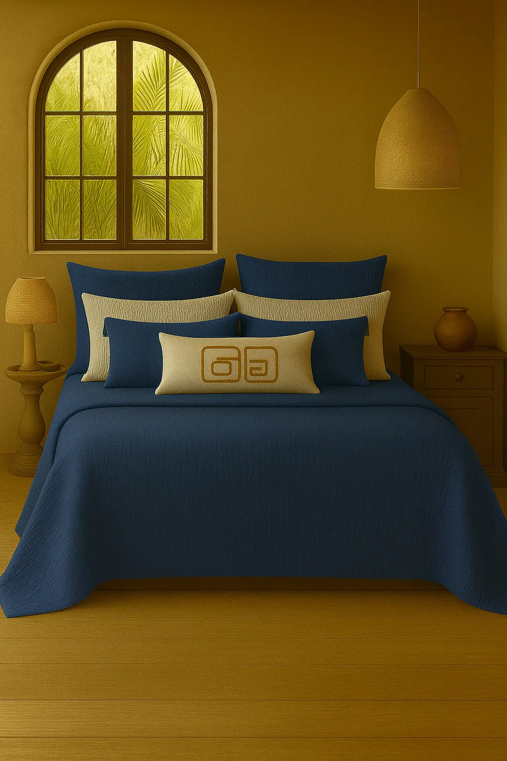 Luxury bedroom featuring a 100% muslin cotton Deep Blue gauze cloud blanket with matching pillows, styled on a bed beneath an arched window. BB-DesH-Blnkt-DeBlu-6070Price,BB-DesH-Blnkt-DeBlu-Tw,BB-DesH-Blnkt-DeBlu-Q,BB-DesH-Blnkt-DeBlu-K,BB-DesH-Blnkt-DeBlu-100118,BB-DesH-Blnkt-DeBlu-100125