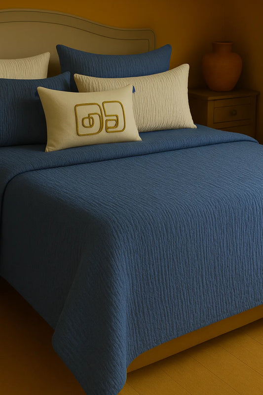 Luxury bedroom featuring a 100% muslin cotton Deep Blue gauze cloud blanket with matching pillows, styled on a bed beneath an arched window. BB-DesH-Blnkt-DeBlu-6070Price,BB-DesH-Blnkt-DeBlu-Tw,BB-DesH-Blnkt-DeBlu-Q,BB-DesH-Blnkt-DeBlu-K,BB-DesH-Blnkt-DeBlu-100118,BB-DesH-Blnkt-DeBlu-100125