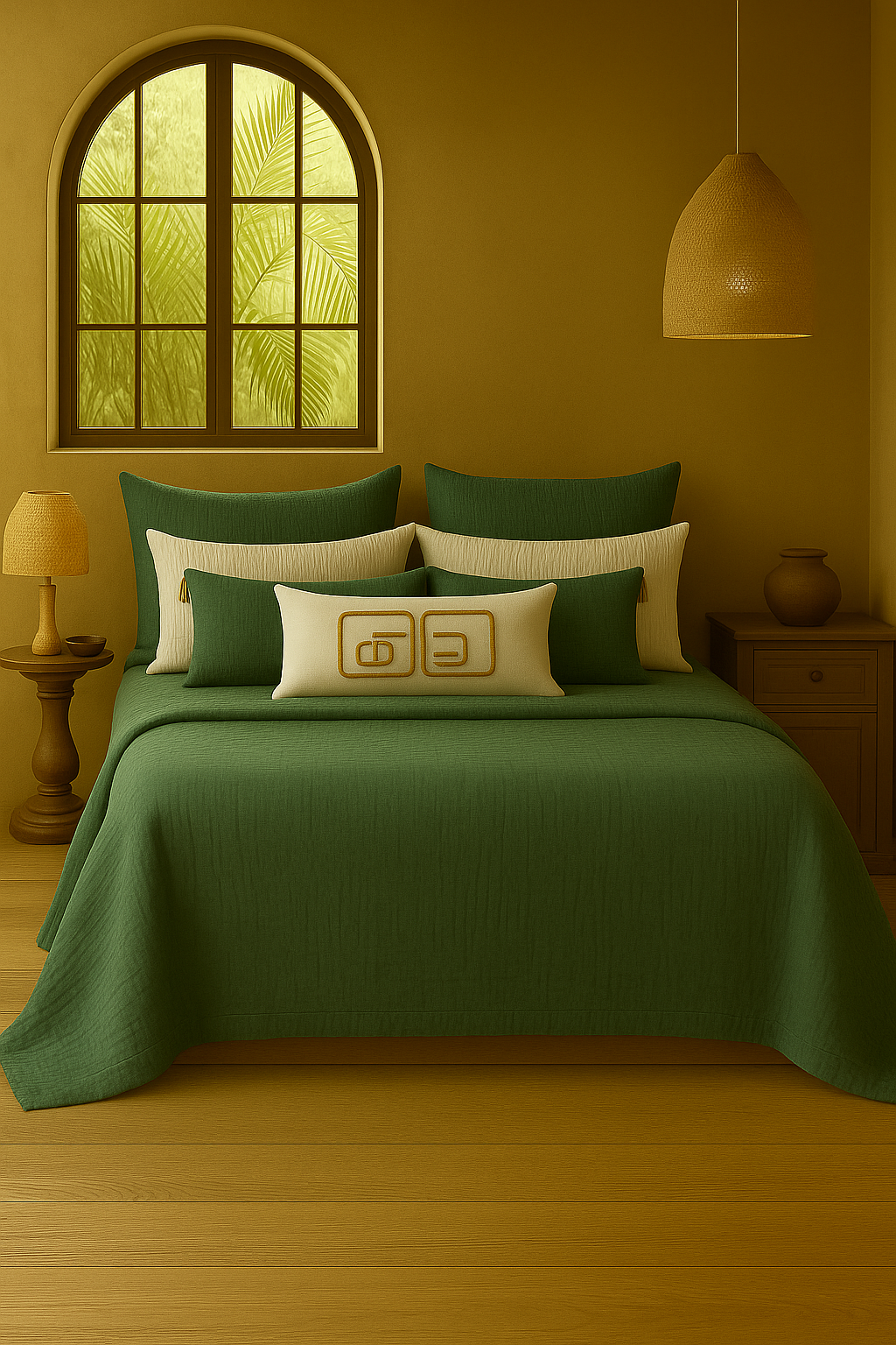 Luxury bedroom featuring a 100% muslin cotton Terracotta gauze cloud blanket with matching pillows, styled on a bed beneath an arched window. BB-DesH-Blnkt-HuGre-6070,BB-DesH-Blnkt-HuGre-Tw,BB-DesH-Blnkt-HuGre-Q,BB-DesH-Blnkt-HuGre-K,BB-DesH-Blnkt-HuGre-100118,BB-DesH-Blnkt-HuGre-100125
