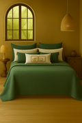 Luxury bedroom featuring a 100% muslin cotton Terracotta gauze cloud blanket with matching pillows, styled on a bed beneath an arched window. BB-DesH-Blnkt-HuGre-6070,BB-DesH-Blnkt-HuGre-Tw,BB-DesH-Blnkt-HuGre-Q,BB-DesH-Blnkt-HuGre-K,BB-DesH-Blnkt-HuGre-100118,BB-DesH-Blnkt-HuGre-100125