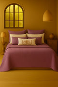 Luxury bedroom featuring a 100% muslin cotton Damson gauze cloud blanket with matching pillows, styled on a bed beneath an arched window. BB-DesH-Blnkt-Dmsn-6070Price,BB-DesH-Blnkt-Dmsn-Tw,BB-DesH-Blnkt-Dmsn-Q,BB-DesH-Blnkt-Dmsn-K,BB-DesH-Blnkt-Dmsn-100118,BB-DesH-Blnkt-Dmsn-100125