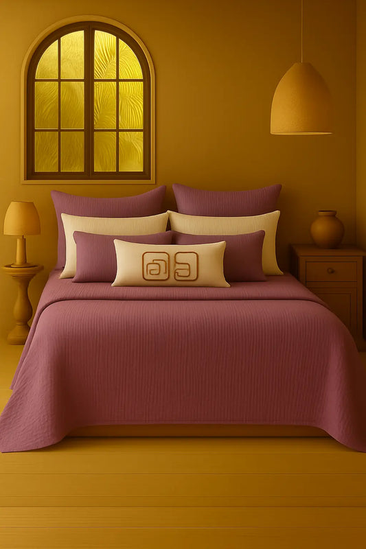 Luxury bedroom featuring a 100% muslin cotton Damson gauze cloud blanket with matching pillows, styled on a bed beneath an arched window. BB-DesH-Blnkt-Dmsn-6070Price,BB-DesH-Blnkt-Dmsn-Tw,BB-DesH-Blnkt-Dmsn-Q,BB-DesH-Blnkt-Dmsn-K,BB-DesH-Blnkt-Dmsn-100118,BB-DesH-Blnkt-Dmsn-100125