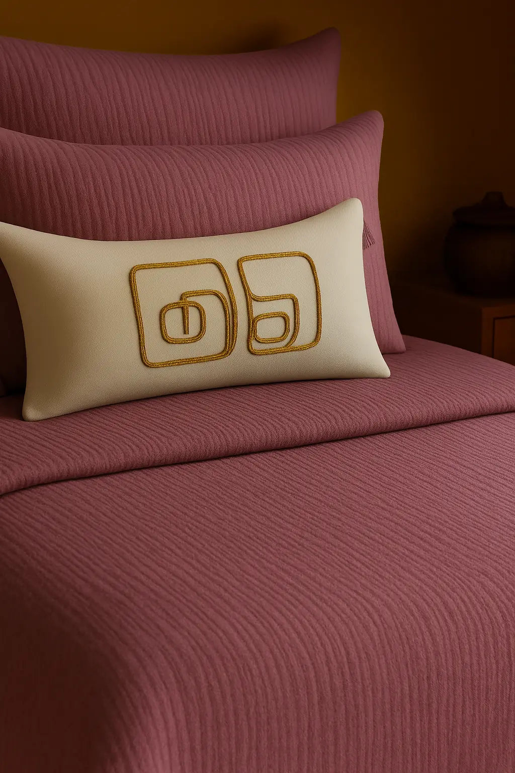 Luxury bedroom featuring a 100% muslin cotton Damson gauze cloud blanket with matching pillows, styled on a bed beneath an arched window. BB-DesH-Blnkt-Dmsn-6070Price,BB-DesH-Blnkt-Dmsn-Tw,BB-DesH-Blnkt-Dmsn-Q,BB-DesH-Blnkt-Dmsn-K,BB-DesH-Blnkt-Dmsn-100118,BB-DesH-Blnkt-Dmsn-100125