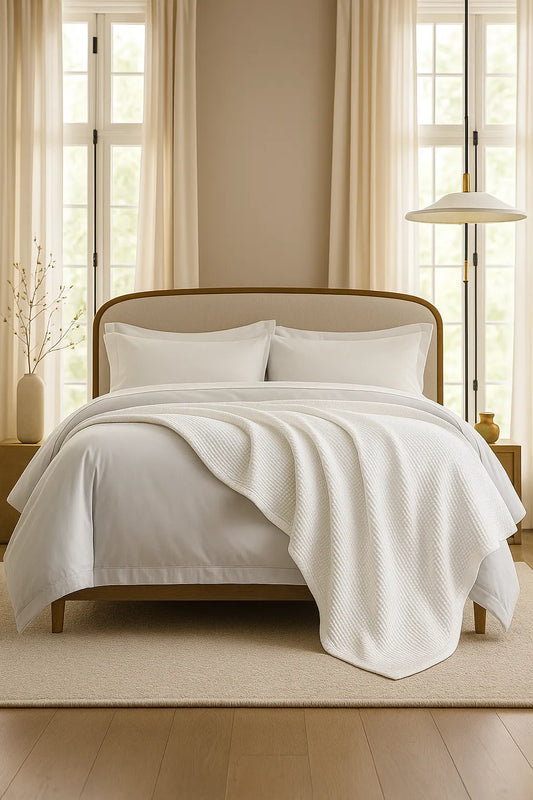Bedroom with a neatly made bed styled with a 100% Turkish cotton waffle blanket, showing its textured waffle weave and cozy bedcover look as throw blanket by Creative Home. BB-DesH-WaBlnkt-White-Tw,BB-DesH-WaBlnkt-White-Q,BB-DesH-WaBlnkt-White-K,BB-DesH-WaBlnkt-White-100118,BB-DesH-WaBlnkt-White-100125