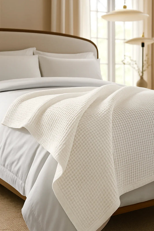 Bedroom with a neatly made bed styled with a 100% Turkish cotton waffle blanket, showing its textured waffle weave and cozy bedcover look as throw blanket by Creative Home. BB-DesH-WaBlnkt-White-Tw,BB-DesH-WaBlnkt-White-Q,BB-DesH-WaBlnkt-White-K,BB-DesH-WaBlnkt-White-100118,BB-DesH-WaBlnkt-White-100125
