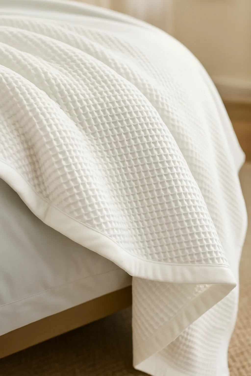 Bedroom with a neatly made bed styled with a 100% Turkish cotton waffle blanket, showing its textured waffle weave and cozy bedcover look as throw blanket by Creative Home. BB-DesH-WaBlnkt-White-Tw,BB-DesH-WaBlnkt-White-Q,BB-DesH-WaBlnkt-White-K,BB-DesH-WaBlnkt-White-100118,BB-DesH-WaBlnkt-White-100125