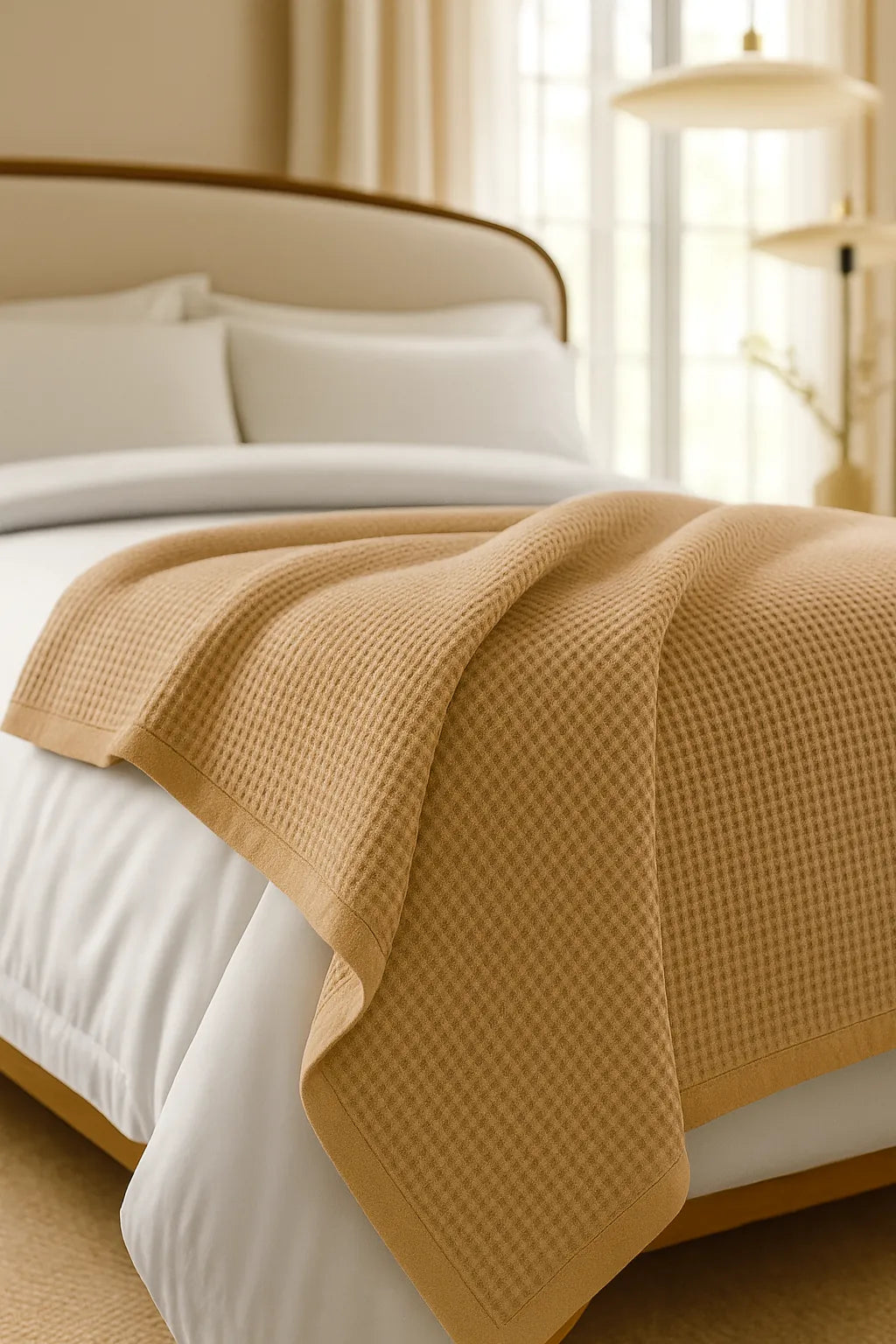 Bedroom with a neatly made bed styled with a 100% Turkish cotton waffle blanket, showing its textured waffle weave and cozy bedcover look as throw blanket by Creative Home.BB-DesH-WaBlnkt-Latte-6070,BB-DesH-WaBlnkt-Latte-Tw,BB-DesH-WaBlnkt-Latte-Q,BB-DesH-WaBlnkt-Latte-K,BB-DesH-WaBlnkt-Latte-100118,BB-DesH-WaBlnkt-Latte-100125