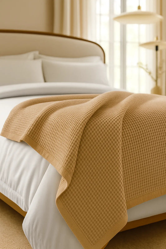 Bedroom with a neatly made bed styled with a 100% Turkish cotton waffle blanket, showing its textured waffle weave and cozy bedcover look as throw blanket by Creative Home.BB-DesH-WaBlnkt-Latte-6070,BB-DesH-WaBlnkt-Latte-Tw,BB-DesH-WaBlnkt-Latte-Q,BB-DesH-WaBlnkt-Latte-K,BB-DesH-WaBlnkt-Latte-100118,BB-DesH-WaBlnkt-Latte-100125