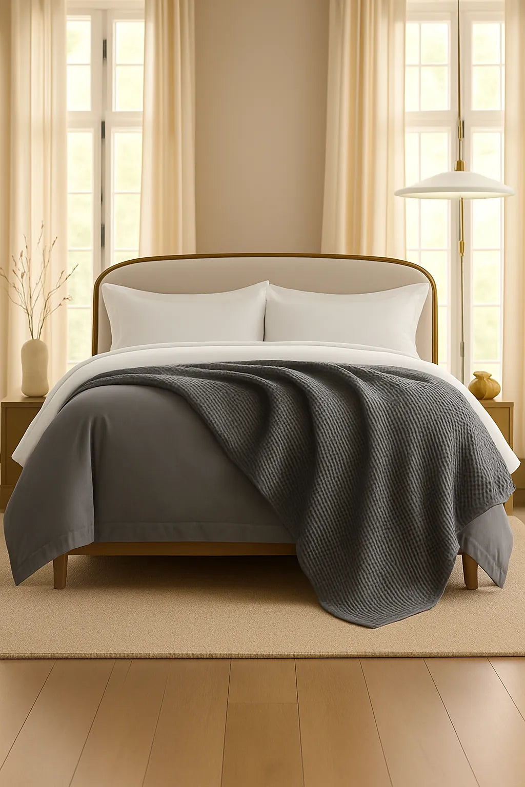 Bedroom with a neatly made bed styled with a 100% Turkish cotton waffle blanket, showing its textured waffle weave and cozy bedcover look as throw blanket by Creative Home. BB-DesH-WaBlnkt-Gra-6070,BB-DesH-WaBlnkt-Gra-Tw,BB-DesH-WaBlnkt-Gra-Q,BB-DesH-WaBlnkt-Gra-K,BB-DesH-WaBlnkt-Gra-100118,BB-DesH-WaBlnkt-Gra-100125