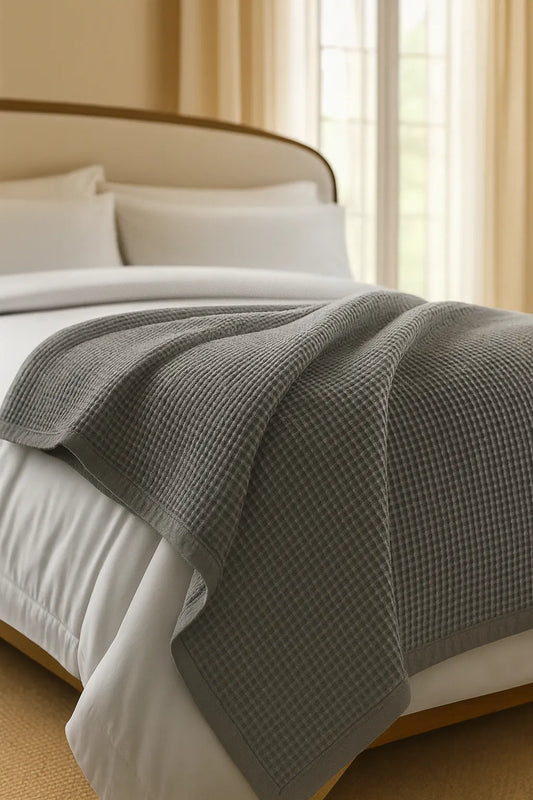 Bedroom with a neatly made bed styled with a 100% Turkish cotton waffle blanket, showing its textured waffle weave and cozy bedcover look as throw blanket by Creative Home. BB-DesH-WaBlnkt-Gra-6070,BB-DesH-WaBlnkt-Gra-Tw,BB-DesH-WaBlnkt-Gra-Q,BB-DesH-WaBlnkt-Gra-K,BB-DesH-WaBlnkt-Gra-100118,BB-DesH-WaBlnkt-Gra-100125