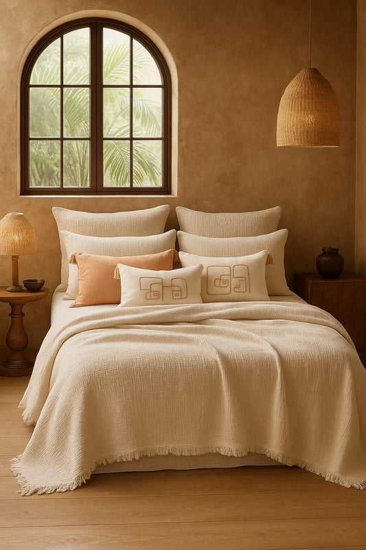 Luxury bedroom featuring a 100% muslin cotton cream gauze cloud blanket with matching pillows, styled on a bed beneath an arched window. BB-DesH-Blnkt-Cr-6070,BB-DesH-Blnkt-Cr-Tw, BB-DesH-Blnkt-Cr-Q,BB-DesH-Blnkt-Cr-K,BB-DesH-Blnkt-Cr-100118,BB-DesH-Blnkt-Cr-100125