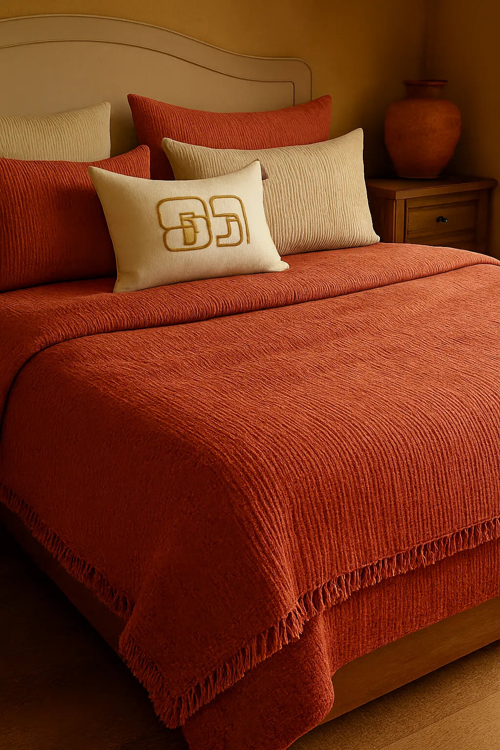 Luxury bedroom featuring a 100% muslin cotton Terracotta gauze cloud blanket with matching pillows, styled on a bed beneath an arched window. BB-DesH-Blnkt-Trcta-6070,BB-DesH-Blnkt-Trcta-Tw, BB-DesH-Blnkt-Trcta-Q,BB-DesH-Blnkt-Trcta-K,BB-DesH-Blnkt-Trcta-100118,BB-DesH-Blnkt-Trcta-100125