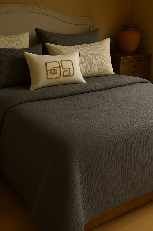Luxury bedroom featuring a 100% muslin cotton gray gauze cloud blanket with matching pillows, styled on a bed beneath an arched window. BB-DesH-Blnkt-Gra-6070,BB-DesH-Blnkt-Gra-Tw, BB-DesH-Blnkt-Gra-Q,BB-DesH-Blnkt-Gra-K,BB-DesH-Blnkt-Gra-100118,BB-DesH-Blnkt-Gra-100125