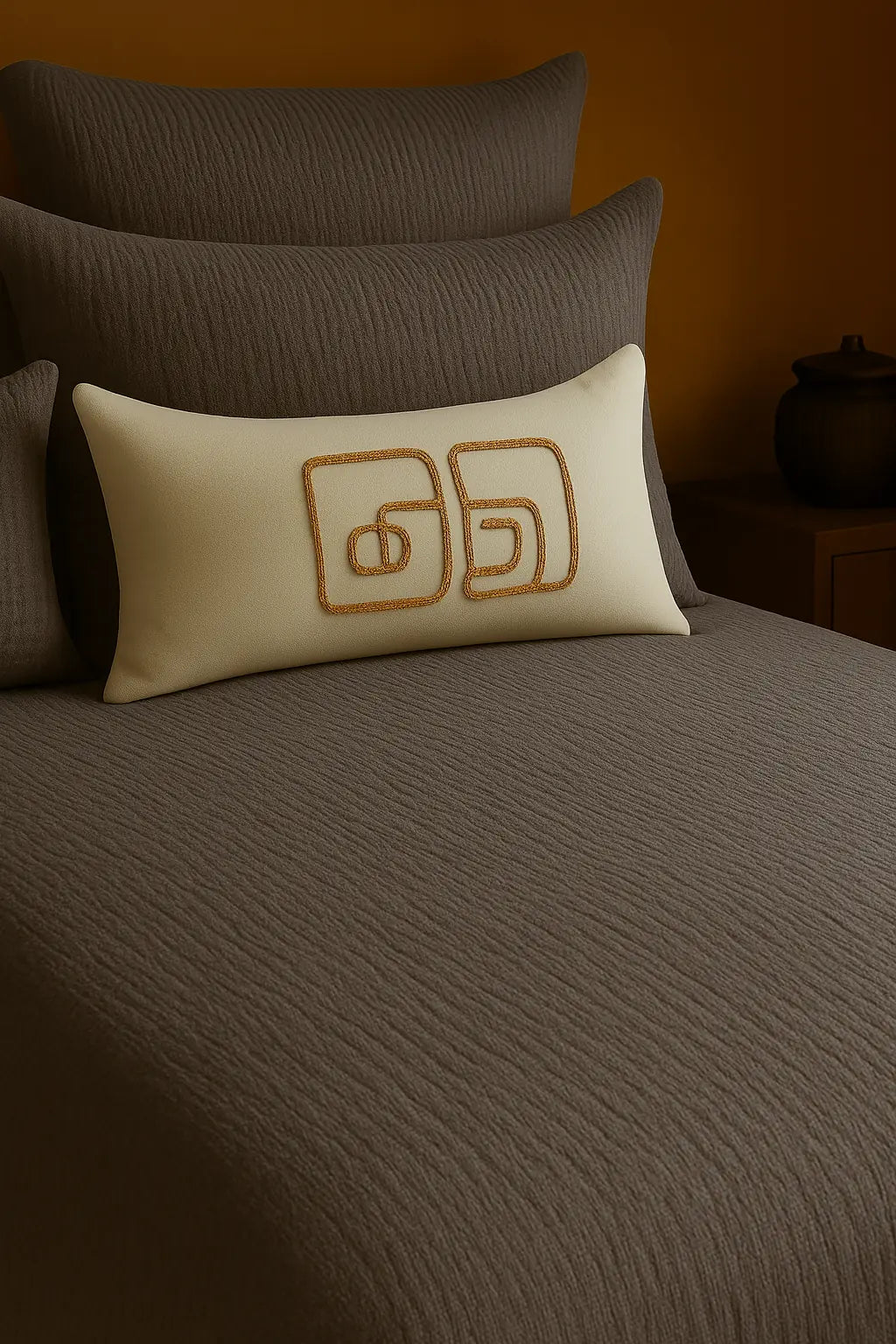 Luxury bedroom featuring a 100% muslin cotton gray gauze cloud blanket with matching pillows, styled on a bed beneath an arched window. BB-DesH-Blnkt-Gra-6070,BB-DesH-Blnkt-Gra-Tw, BB-DesH-Blnkt-Gra-Q,BB-DesH-Blnkt-Gra-K,BB-DesH-Blnkt-Gra-100118,BB-DesH-Blnkt-Gra-100125