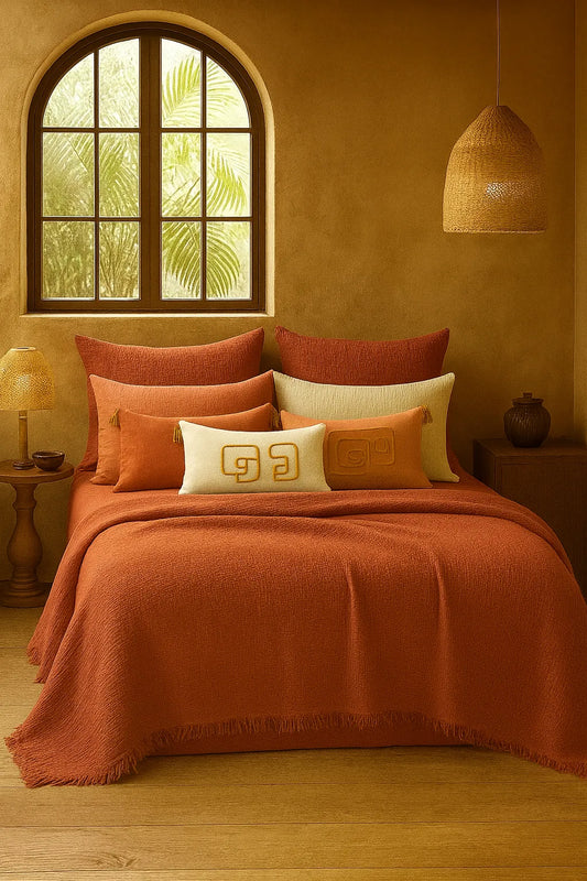 Luxury bedroom featuring a 100% muslin cotton Terracotta gauze cloud blanket with matching pillows, styled on a bed beneath an arched window. BB-DesH-Blnkt-Trcta-6070,BB-DesH-Blnkt-Trcta-Tw, BB-DesH-Blnkt-Trcta-Q,BB-DesH-Blnkt-Trcta-K,BB-DesH-Blnkt-Trcta-100118,BB-DesH-Blnkt-Trcta-100125