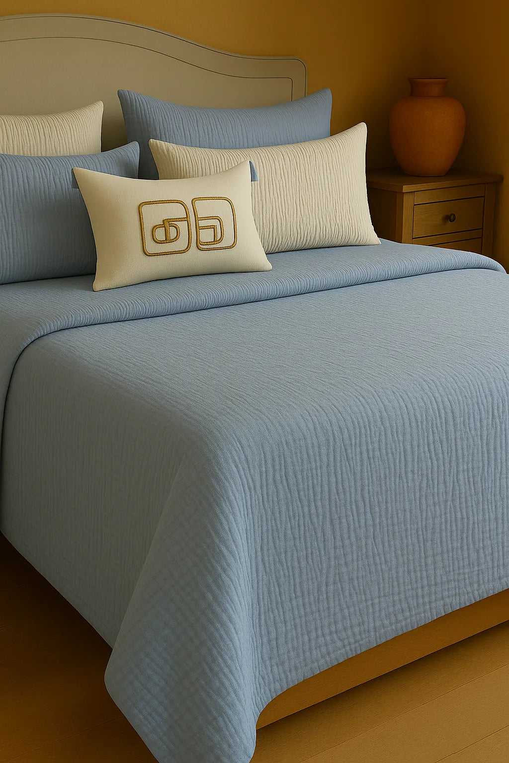 Luxury bedroom featuring a 100% muslin cotton Sky Blue gauze cloud blanket with matching pillows, styled on a bed beneath an arched window. BB-DesH-Blnkt-SkBlu-6070,BB-DesH-Blnkt-SkBlu-Tw,BB-DesH-Blnkt-SkBlu-Q,BB-DesH-Blnkt-SkBlu-K,BB-DesH-Blnkt-SkBlu-100118,BB-DesH-Blnkt-SkBlu-100125