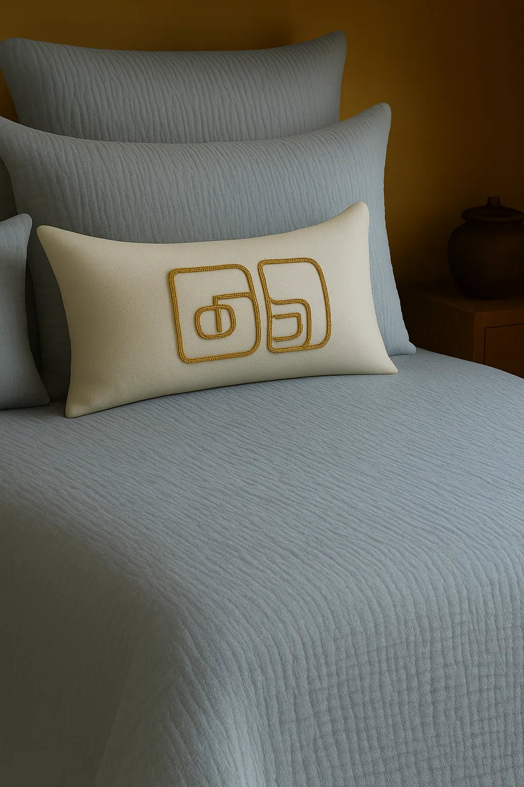 Luxury bedroom featuring a 100% muslin cotton Sky Blue gauze cloud blanket with matching pillows, styled on a bed beneath an arched window. BB-DesH-Blnkt-SkBlu-6070,BB-DesH-Blnkt-SkBlu-Tw,BB-DesH-Blnkt-SkBlu-Q,BB-DesH-Blnkt-SkBlu-K,BB-DesH-Blnkt-SkBlu-100118,BB-DesH-Blnkt-SkBlu-100125