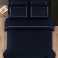 Creative Home by Müge Bilgen - Pierre Duvet Cover - Navy bedding set on a bed in a bedroom with green walls,DC-FC-PIERRE-Nvy-Q,DC-FC-PIERRE-Nvy-K