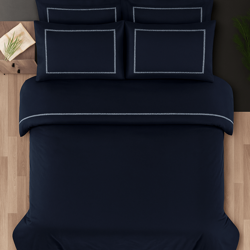 Creative Home by Müge Bilgen - Pierre Duvet Cover - Navy bedding set on a bed in a bedroom with green walls,DC-FC-PIERRE-Nvy-Q,DC-FC-PIERRE-Nvy-K