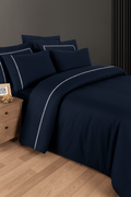 Creative Home by Müge Bilgen - Pierre Duvet Cover - Navy bedding set on a bed in a bedroom with green walls,DC-FC-PIERRE-Nvy-Q,DC-FC-PIERRE-Nvy-K
