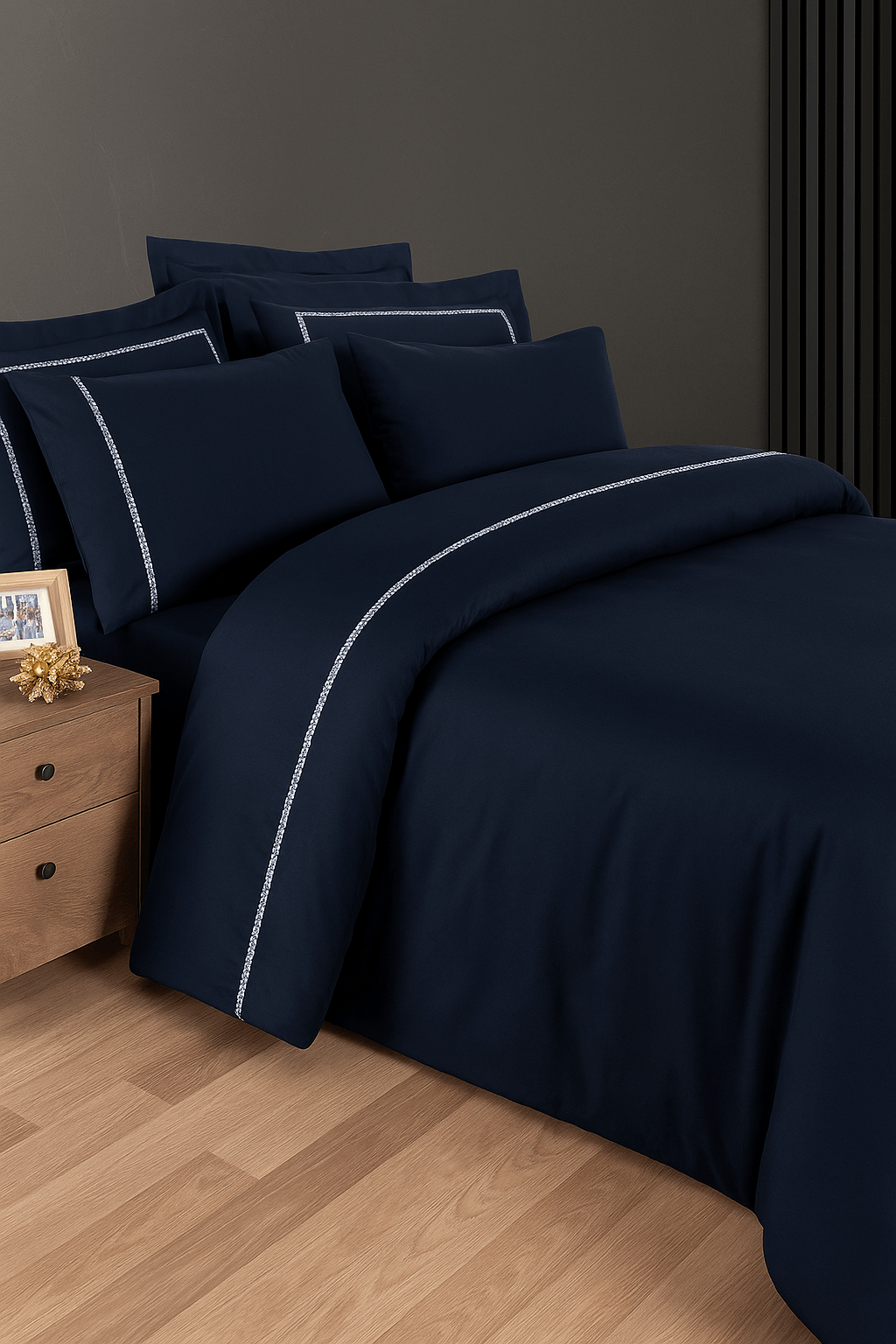 Creative Home by Müge Bilgen - Pierre Duvet Cover - Navy bedding set on a bed in a bedroom with green walls,DC-FC-PIERRE-Nvy-Q,DC-FC-PIERRE-Nvy-K