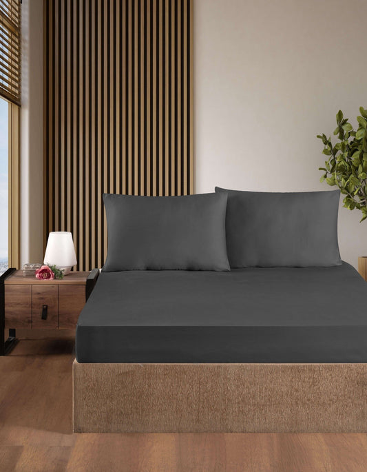 Creative Home Bed Sheets Fitted Sheet Set including 1 Fitted Sheet 2 Pillowcases 3 pcs Set - Anthracite color bed sheets on a bed in a bedroom with a lamp and plant, BS-FC-FSS-Anthcte-Q,BS-FC-FSS-Anthcte-K