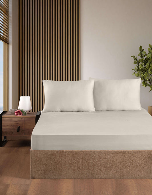 Creative Home Bed Sheets Fitted Sheet Set including 1 Fitted Sheet 2 Pillowcases 3 pcs Set - Beige bed sheets on a bed in a bedroom with a lamp and plant, BS-FC-FSS-Beige-Q,BS-FC-FSS-Beige-K