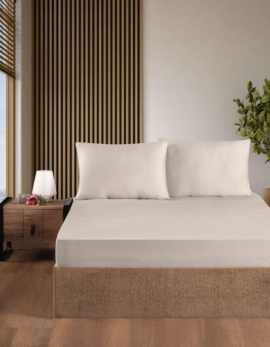 Creative Home Bed Sheets Fitted Sheet Set including 1 Fitted Sheet 2 Pillowcases 3 pcs Set - Champagne color bed sheets on a bed in a bedroom with a lamp and plant, BS-FC-FSS-Chmpgn-Q,BS-FC-FSS-Chmpgn-K