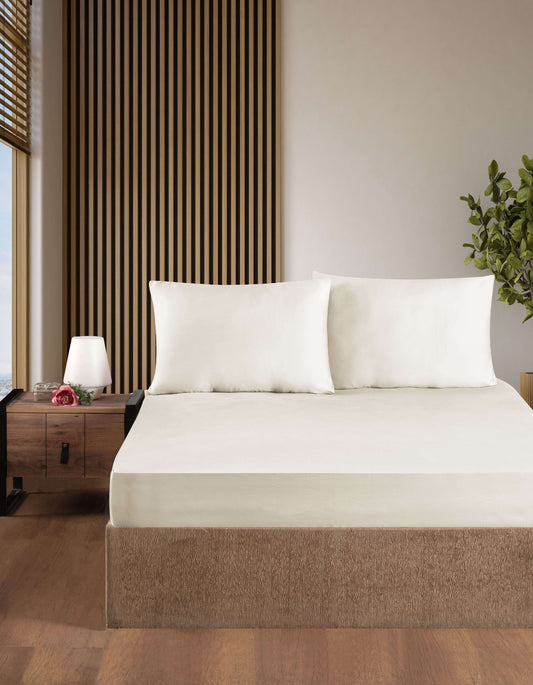 Creative Home Bed Sheets Fitted Sheet Set including 1 Fitted Sheet 2 Pillowcases 3 pcs Set - Cream color bed sheets on a bed in a bedroom with a lamp and plant, BS-FC-FSS-Cream-Q,BS-FC-FSS-Cream-K