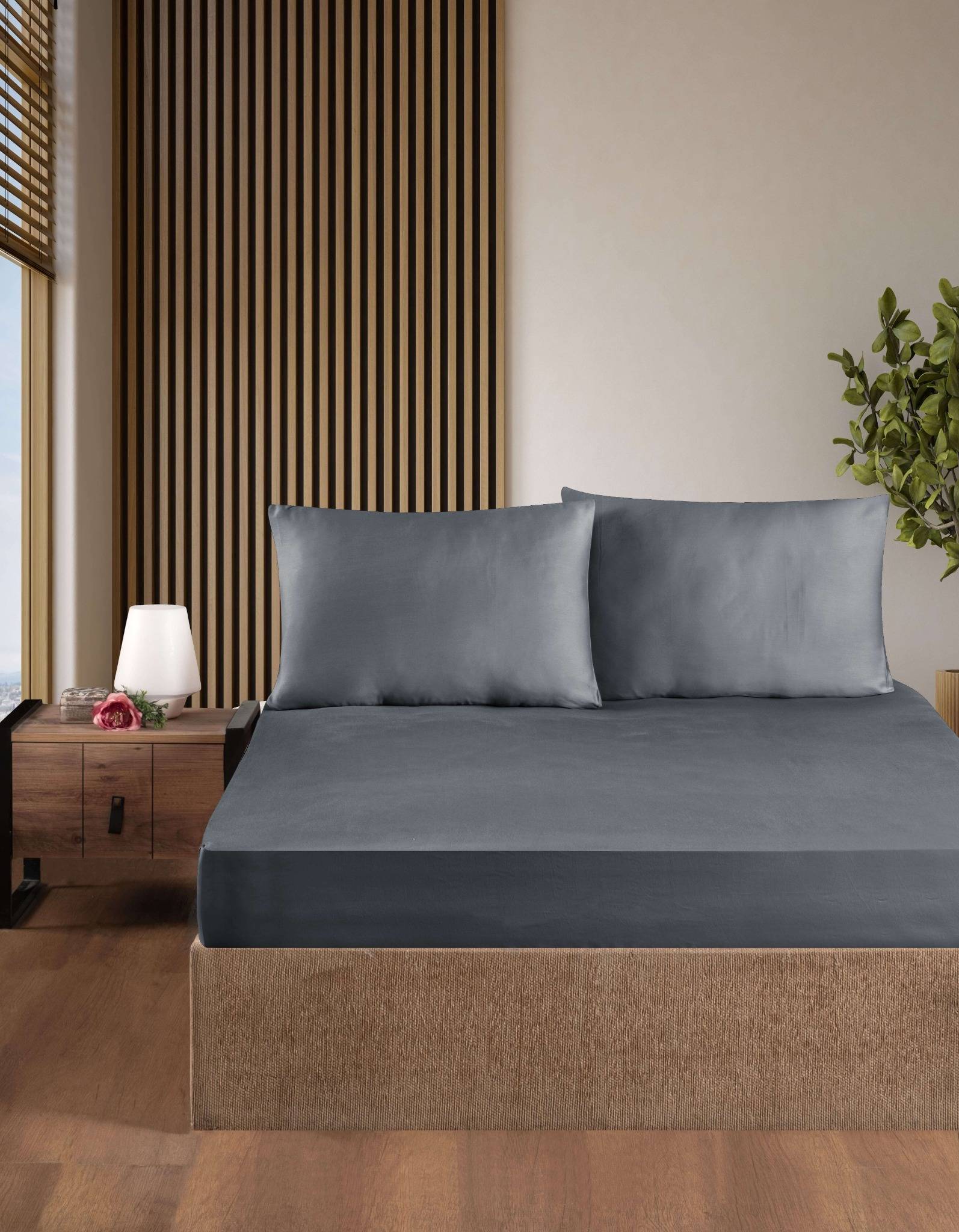 Creative Home Bed Sheets Fitted Sheet Set including 1 Fitted Sheet 2 Pillowcases 3 pcs Set - Dark Gray bed sheets on a bed in a bedroom with a lamp and plant, BS-FC-FSS-DaGray-Q,BS-FC-FSS-DaGray-K