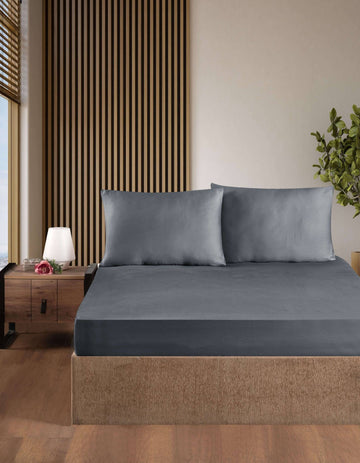 Creative Home Bed Sheets Fitted Sheet Set including 1 Fitted Sheet 2 Pillowcases 3 pcs Set - Dark Gray bed sheets on a bed in a bedroom with a lamp and plant, BS-FC-FSS-DaGray-Q,BS-FC-FSS-DaGray-K